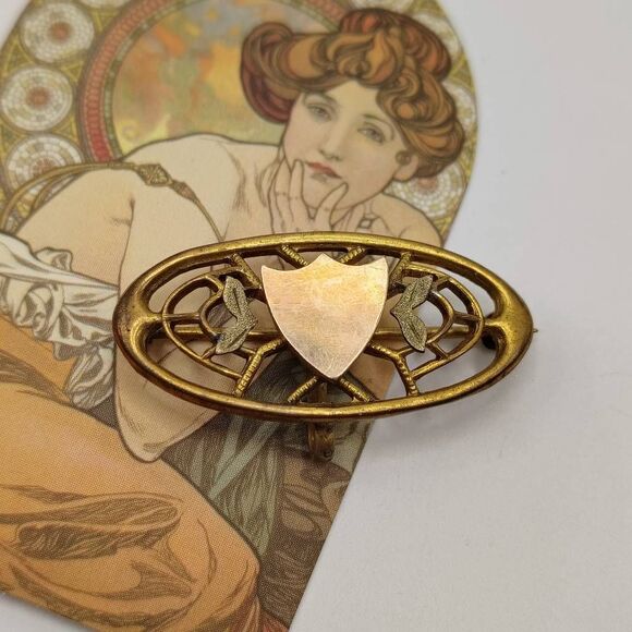 Vintage Gold-filled Open Work Oval Brooch W/ Solid Side Shield Plaque Center OS - Picture 1 of 3